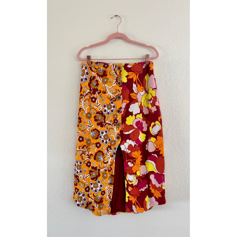 Maeve Anthropologie Midi Skirt Mixed Floral Print Button Front Slit Burgundy M